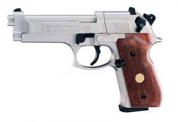 Beretta 92F Nickel with wood grips.